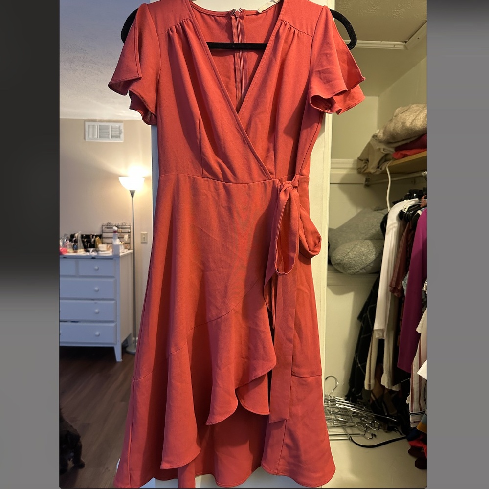 Coral Wrap Dress with Flowy Cap Sleeves - Altar'd State